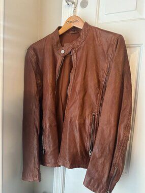 Overland Men's Brown Cognac Leather Moto Jacket – Size Medium – Like New